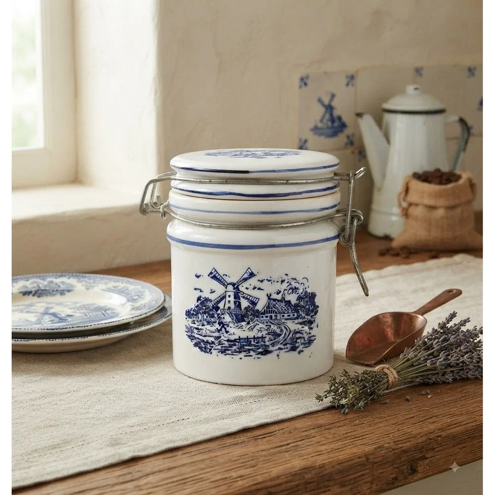 Teleflora Blue White Windmill Ceramic Canister Wire Bale Jar 5.5in Dutch Style